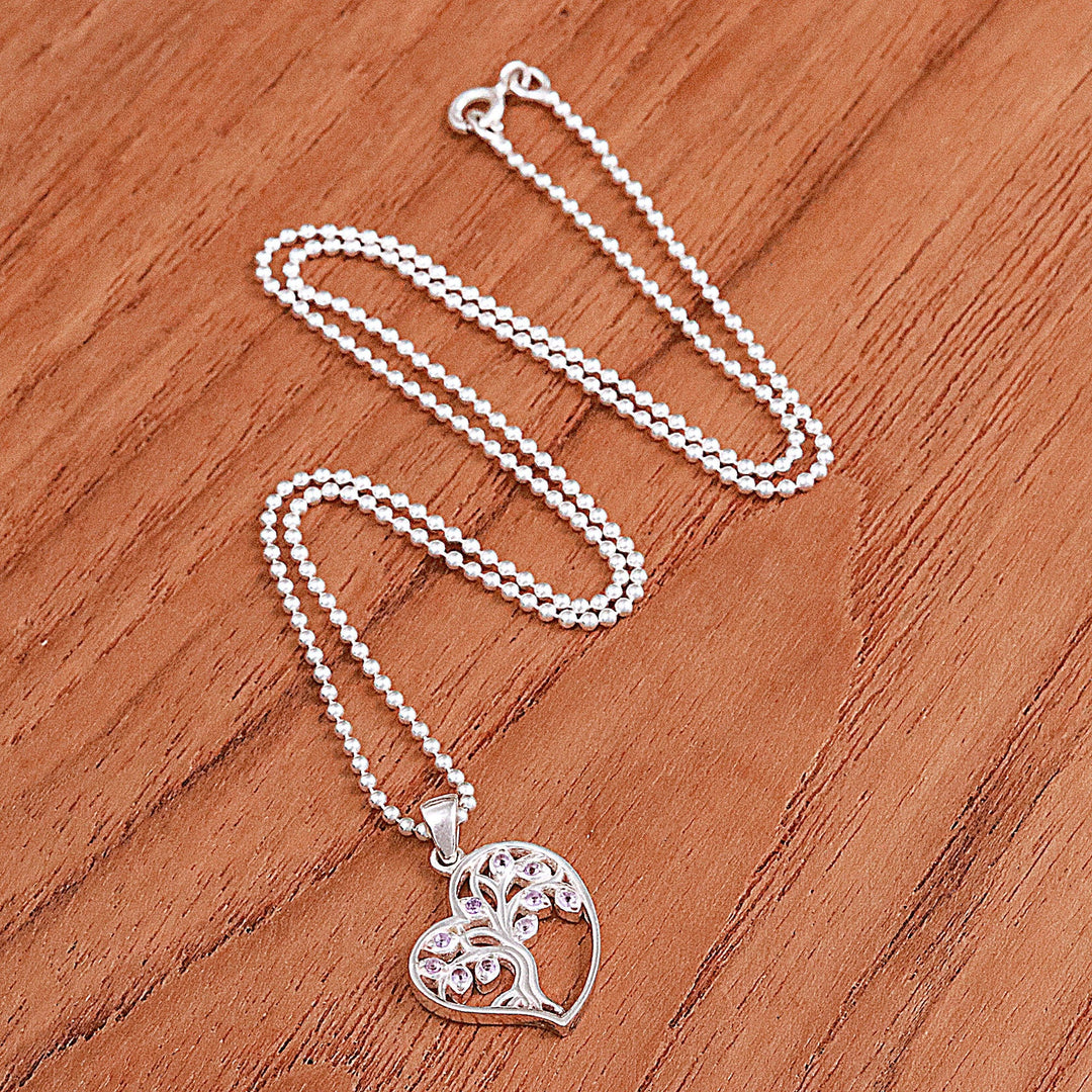 Amethyst Silver Heart Tree of Life-Themed Pendant Necklace - Radiant Heart Tree