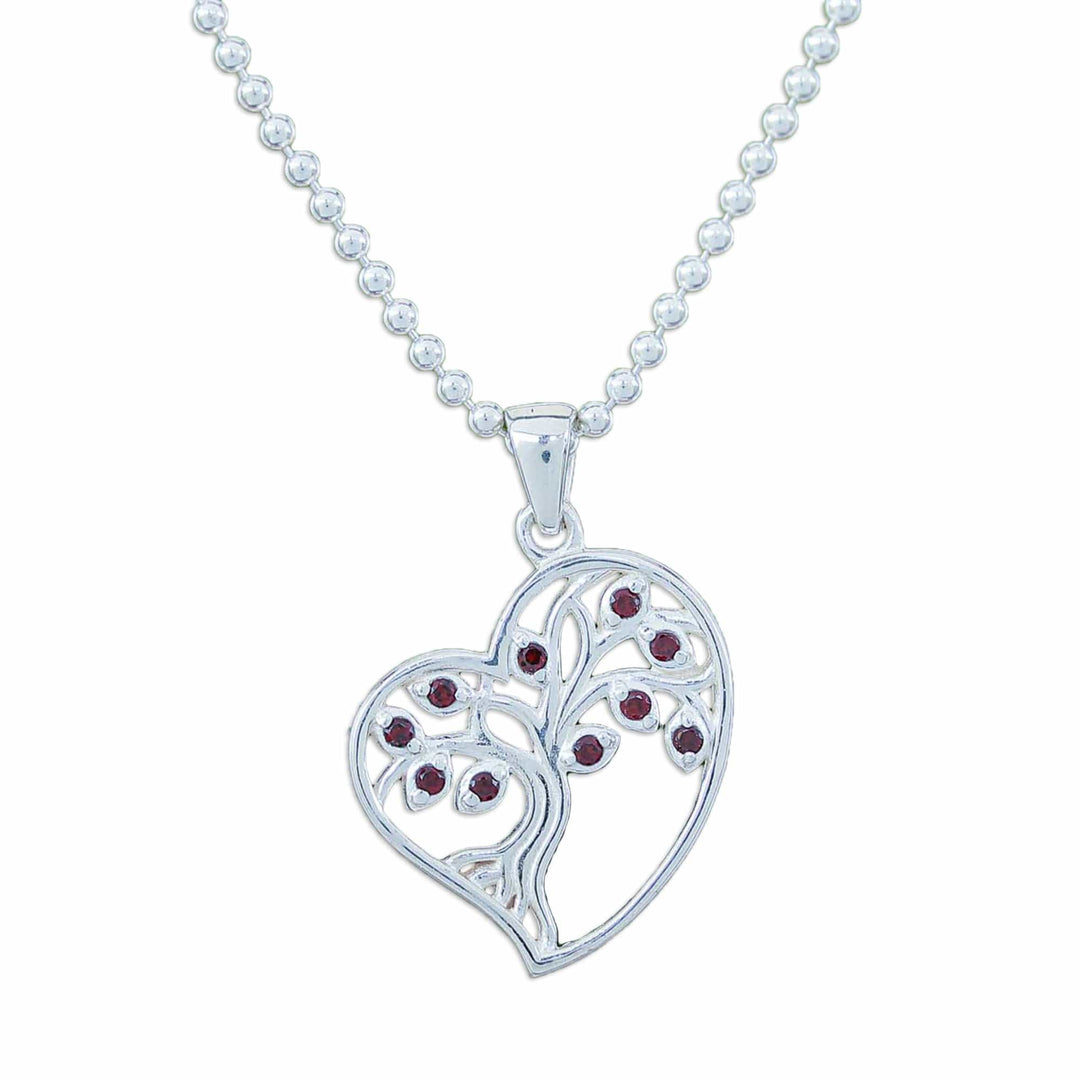Garnet Silver Heart and Tree of Life-Themed Pendant Necklace - Fiery Heart Tree
