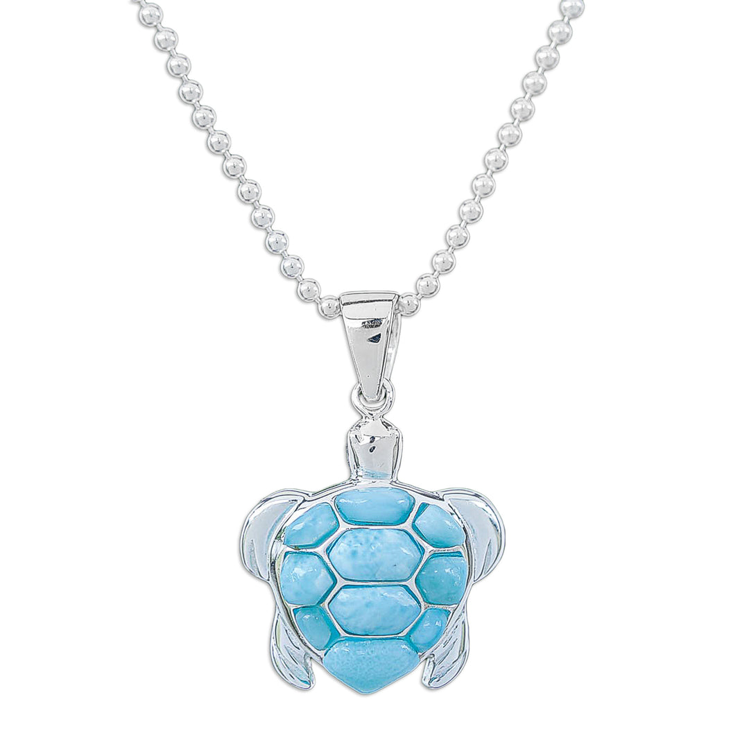 Larimar Sterling Silver Sea Turtle-Themed Pendant Necklace - Seaside Friend