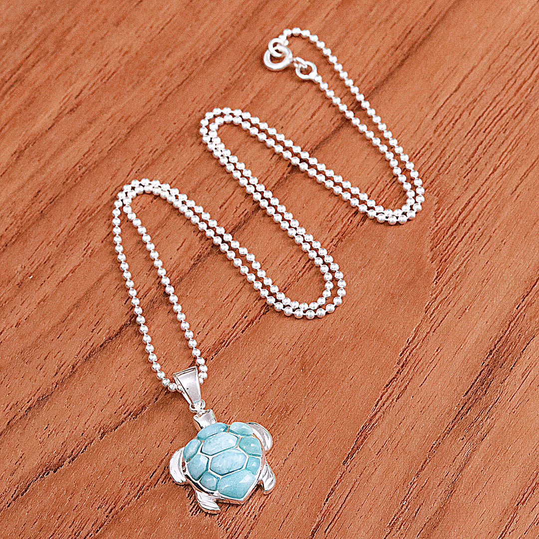 Larimar Sterling Silver Sea Turtle-Themed Pendant Necklace - Seaside Friend
