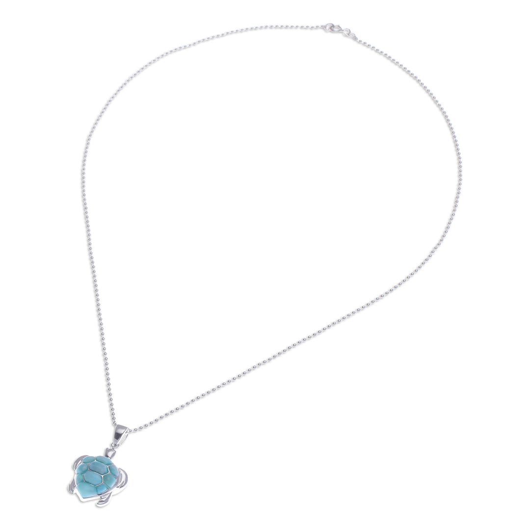 Larimar Sterling Silver Sea Turtle-Themed Pendant Necklace - Seaside Friend
