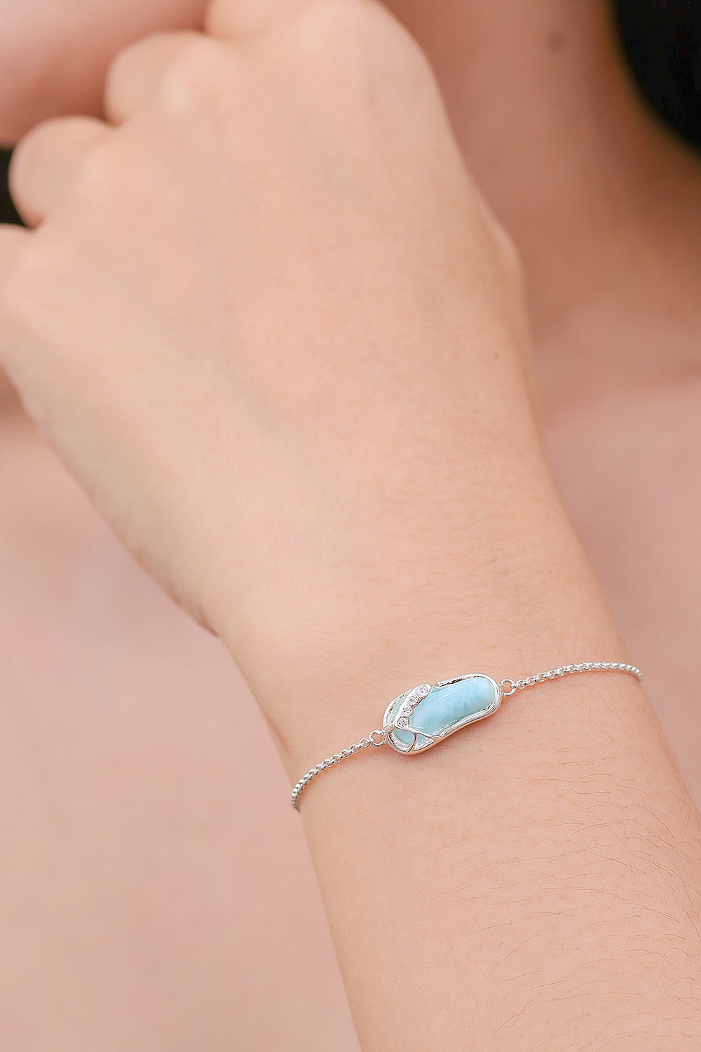 Larimar White Topaz Silver Thong Sandal Pendant Bracelet - Cute Thong Sandal