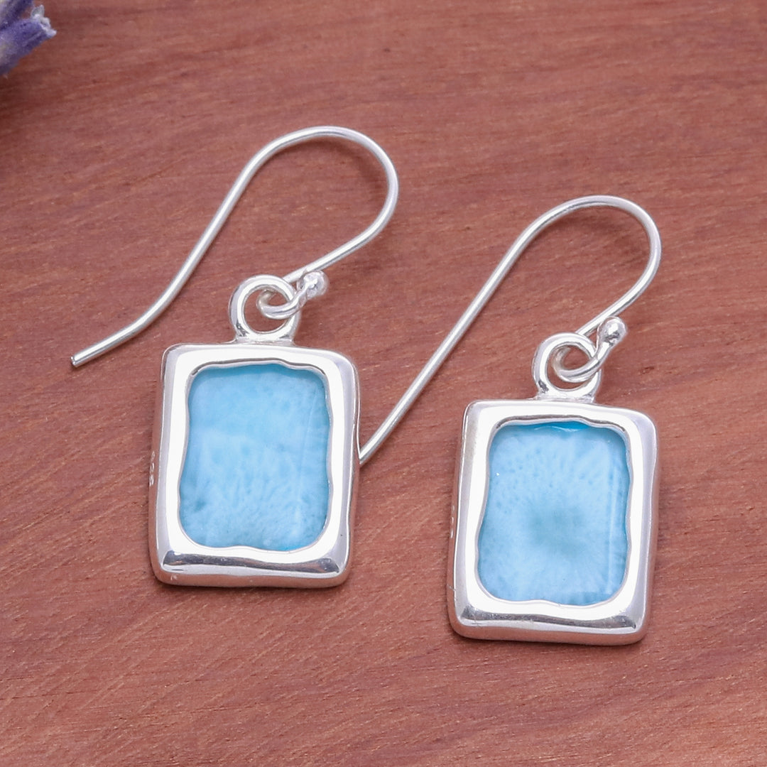 Modern Larimar Sterling Silver Square Dangle Earrings - Blue Cool Squares