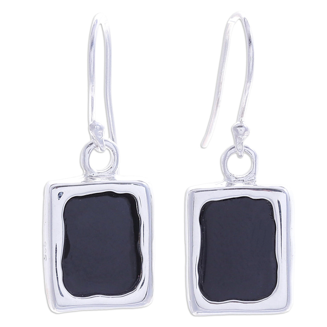 Modern Black Onyx Sterling Silver Square Dangle Earrings - Black Cool Squares
