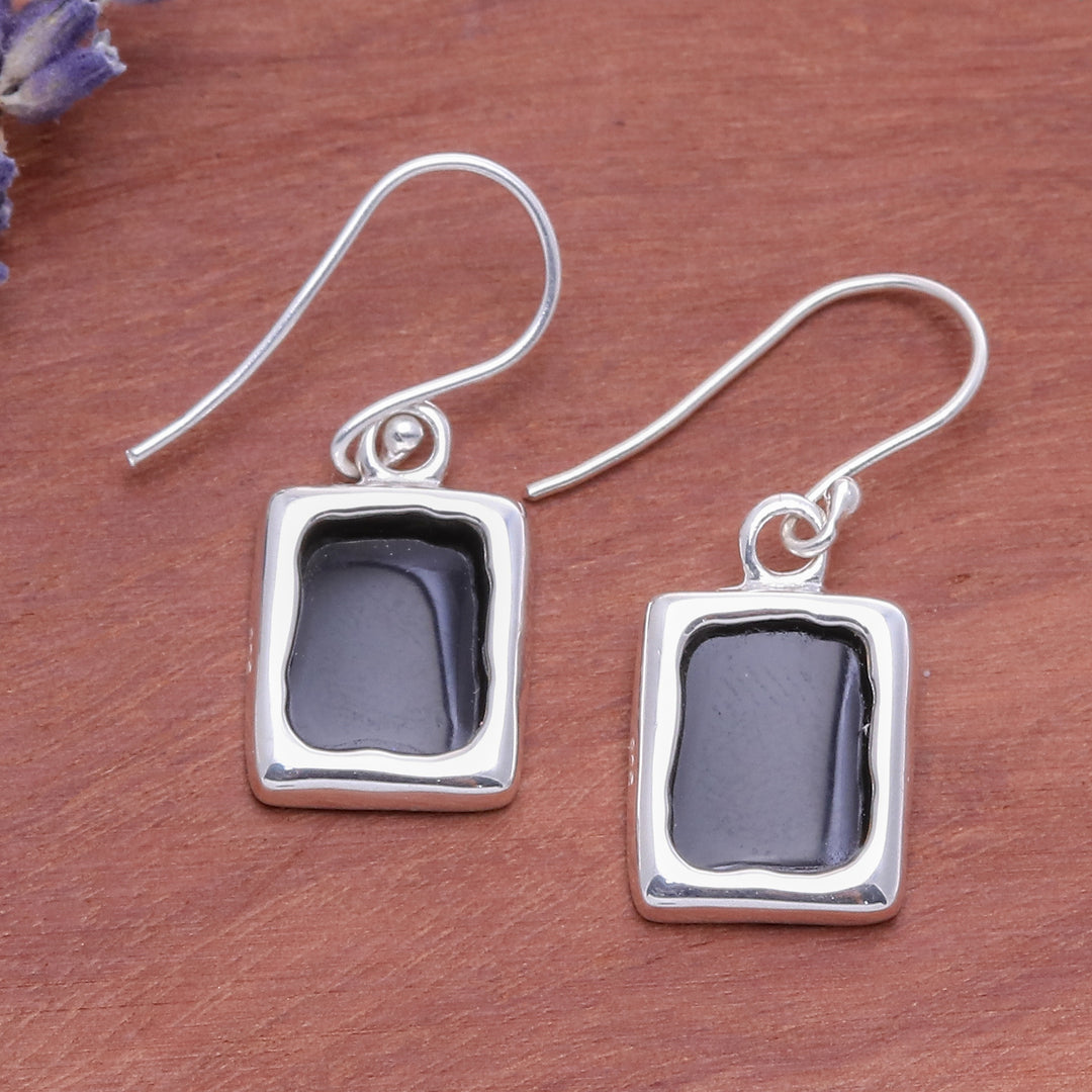 Modern Black Onyx Sterling Silver Square Dangle Earrings - Black Cool Squares
