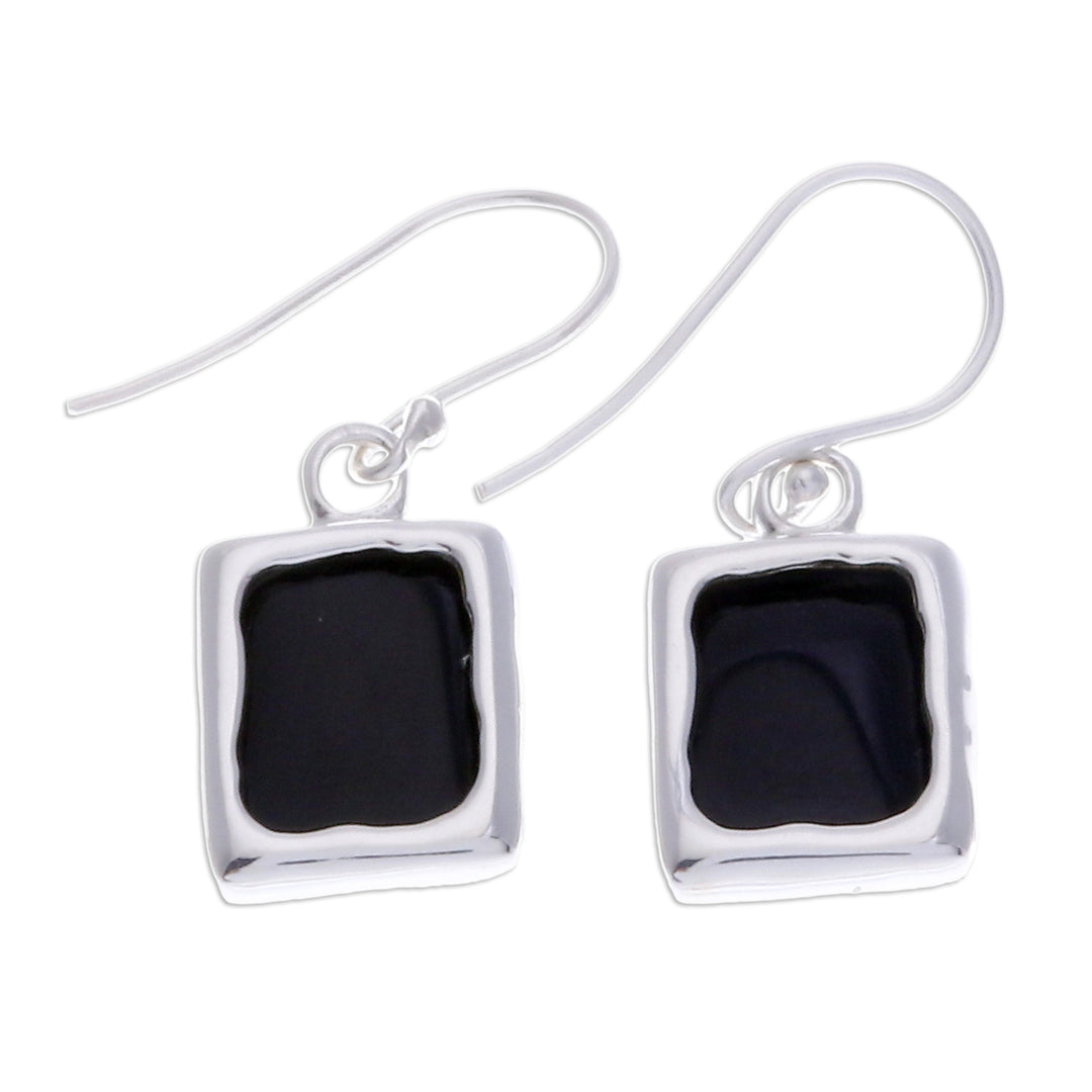 Modern Black Onyx Sterling Silver Square Dangle Earrings - Black Cool Squares