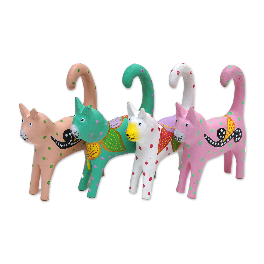 4 Hand-Painted Wooden Cat Christmas Ornaments from Bali - Feline Magic