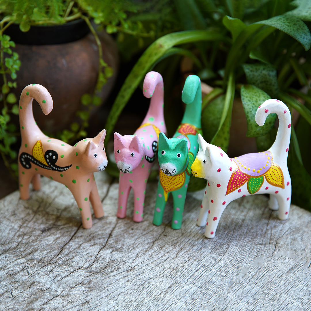 4 Hand-Painted Wooden Cat Christmas Ornaments from Bali - Feline Magic