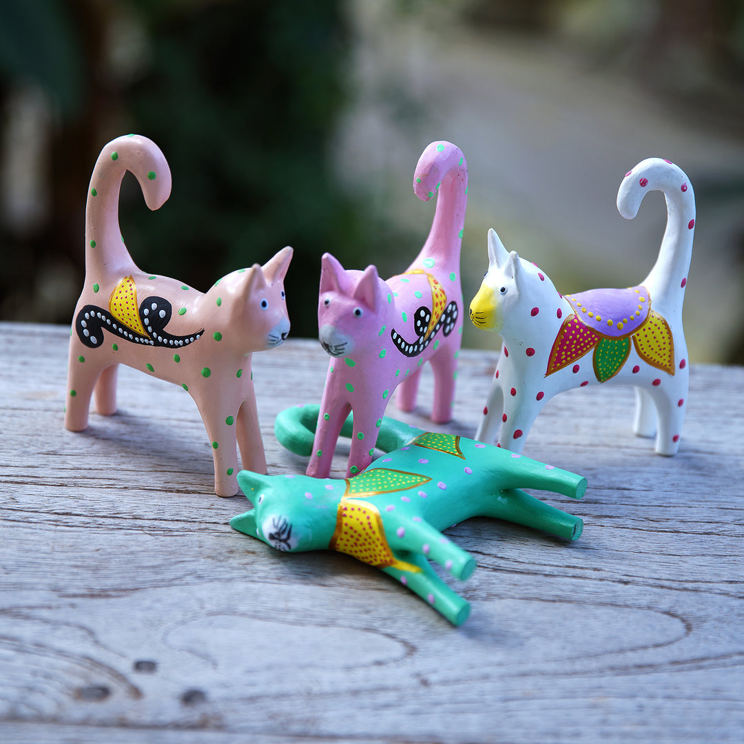 4 Hand-Painted Wooden Cat Christmas Ornaments from Bali - Feline Magic