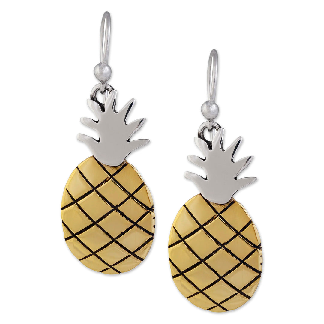 Polished Sterling Silver and Brass Pineapple Dangle Earrings - Juicy Pineapple