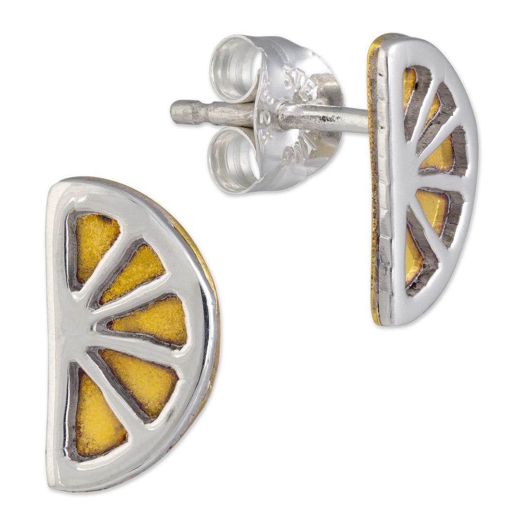 Whimsical Sterling Silver and Brass Lemon Stud Earrings - Lemon Slice