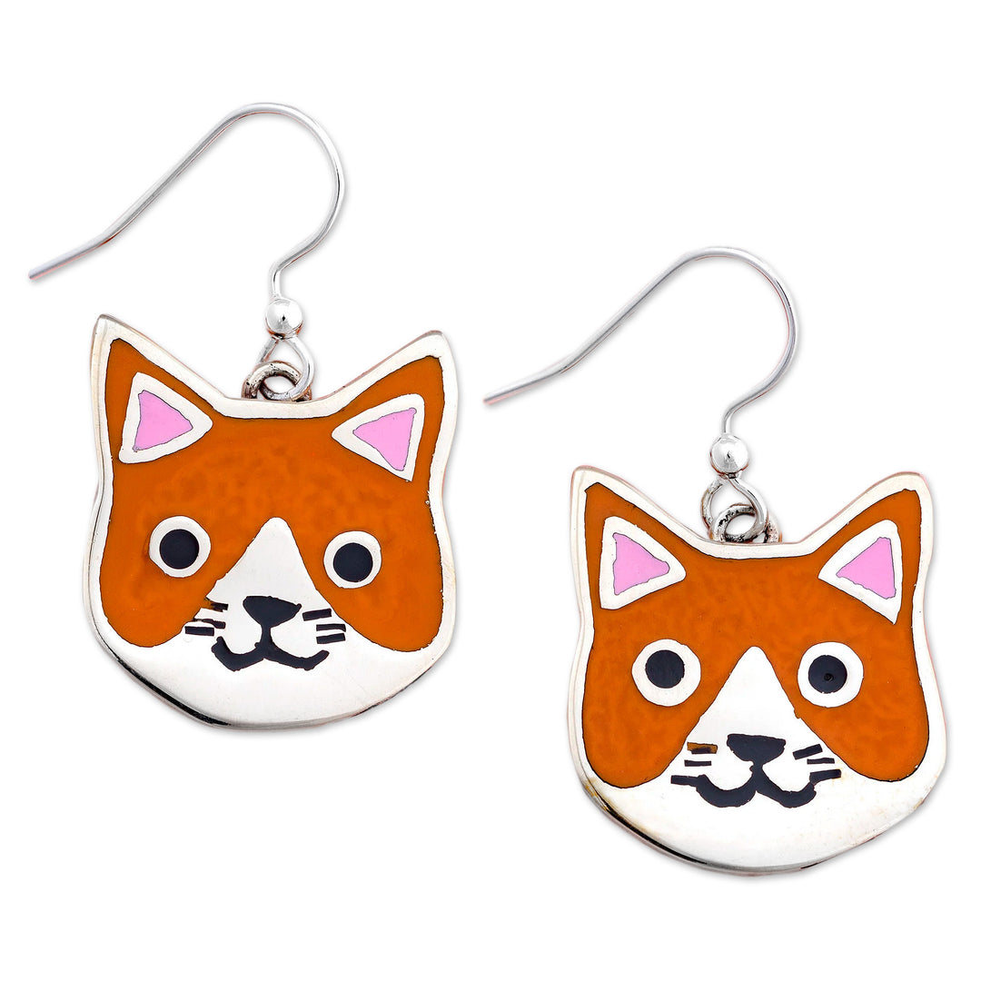 Orange Tabby-Shaped Alpaca Silver and Brass Dangle Earrings - Orange Tabby