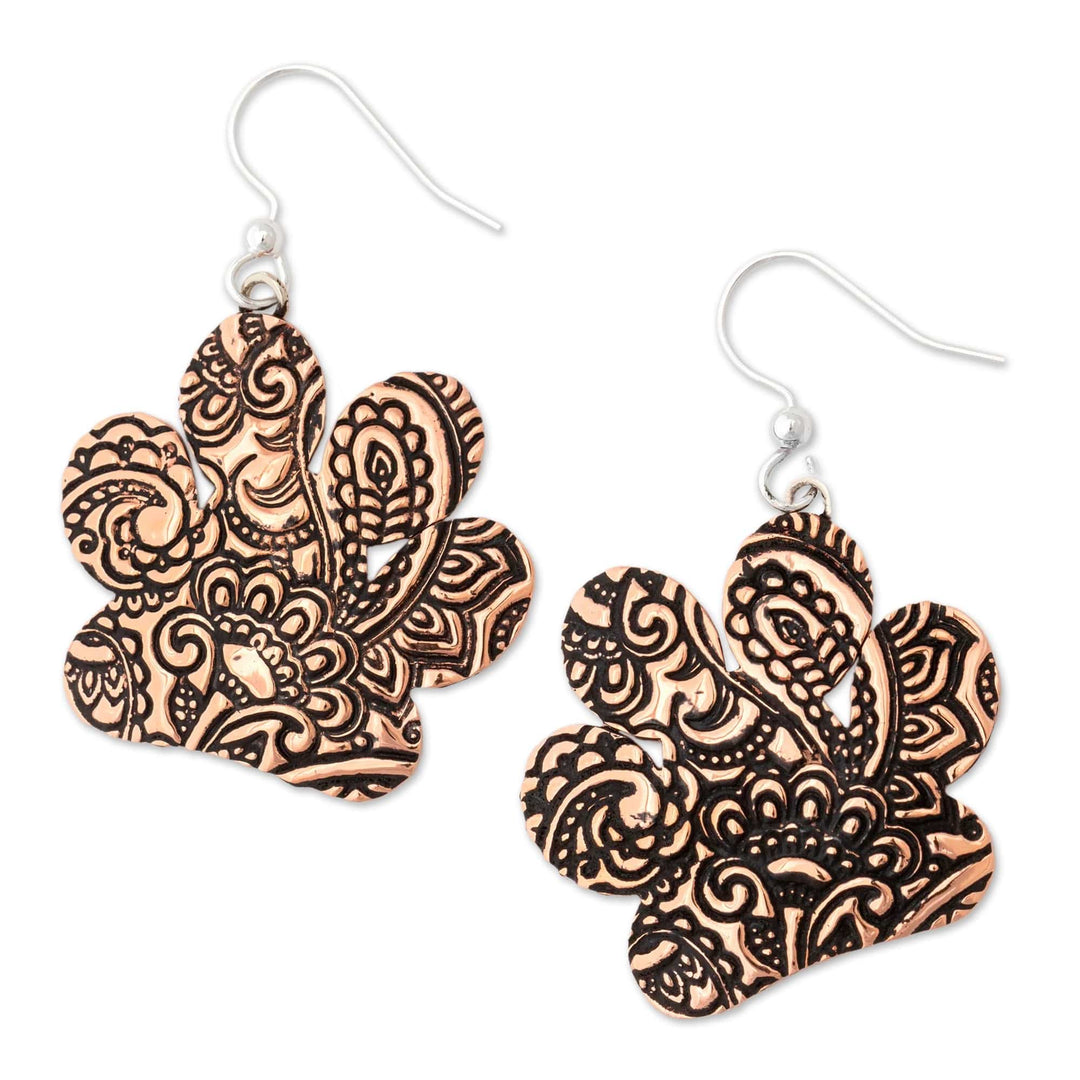 Copper Paw Dangle Earrings with Embossed Paisley Motifs - Heroic Paisley Paws