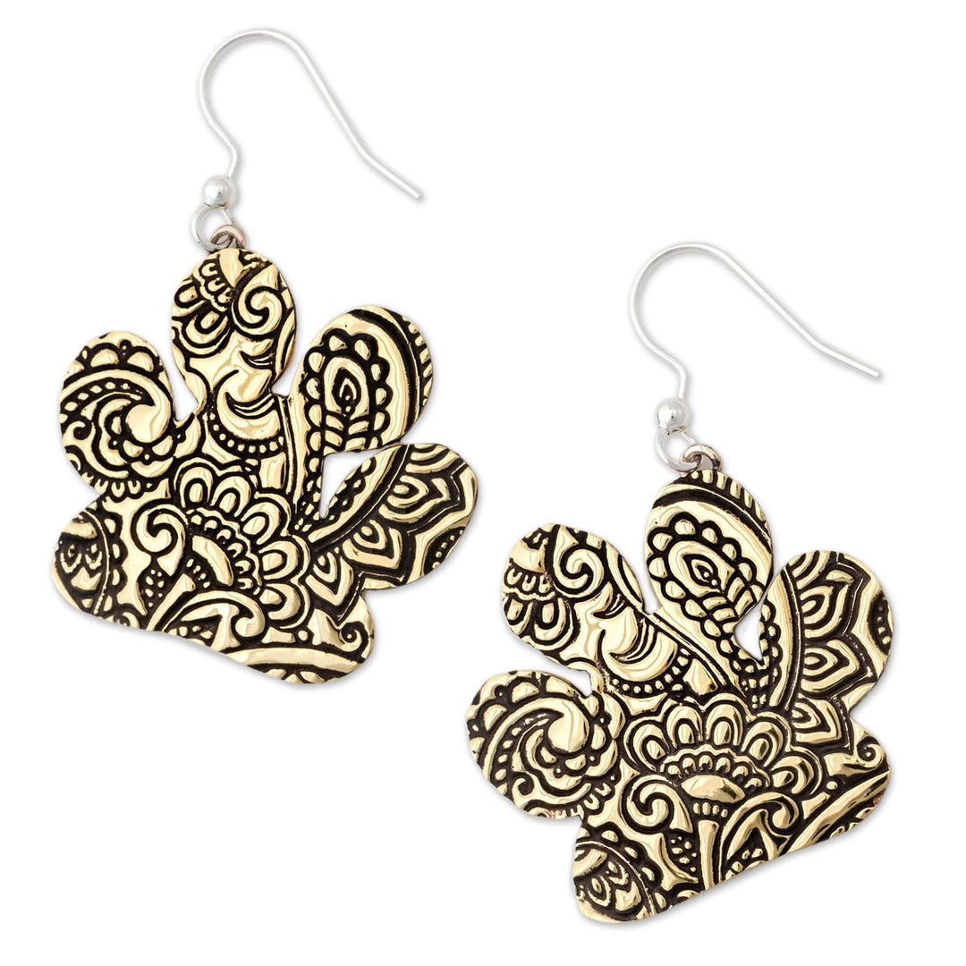 Brass Paw Dangle Earrings with Embossed Paisley Motifs - Noble Paisley Paws