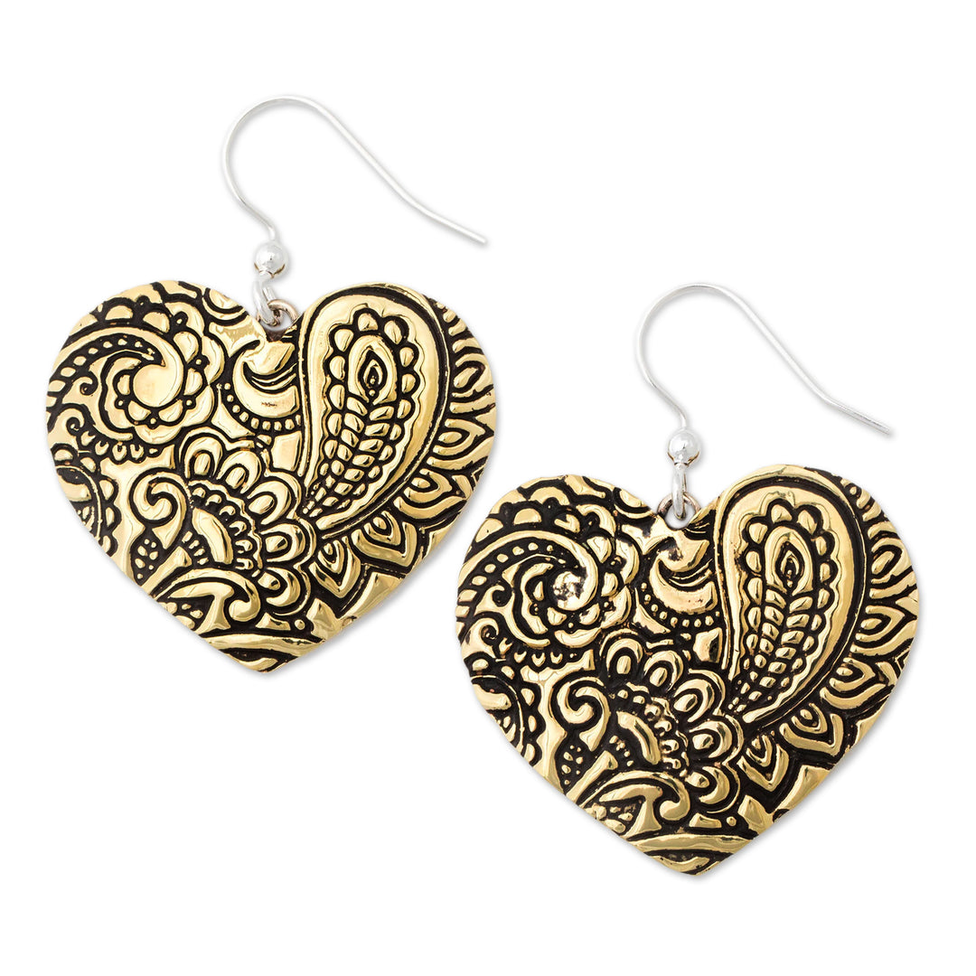 Paisley-Patterned Heart-Shaped Brass Dangle Earrings - My Heart in Paisley