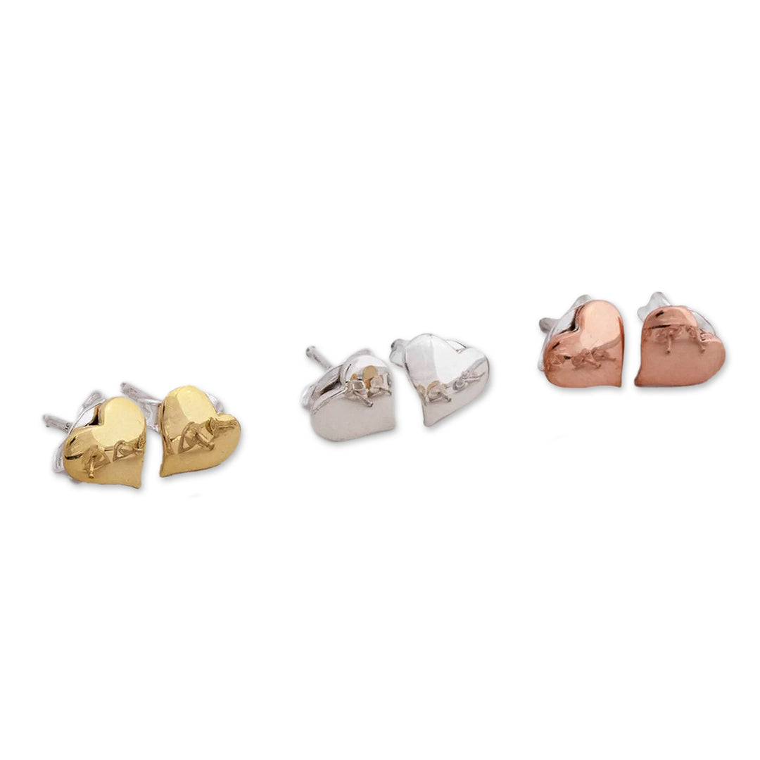 Set of Three Polished Heart-Shaped Metallic Stud Earrings - Deluxe Heart