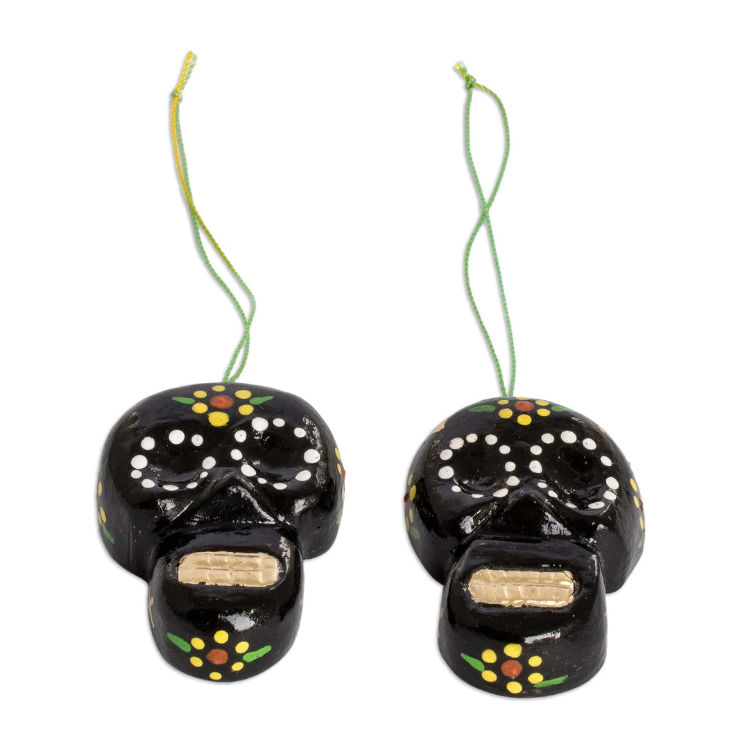 Two Reclaimed Wood Painted Day of the Dead Skull Ornaments - Holiday Black Skulls