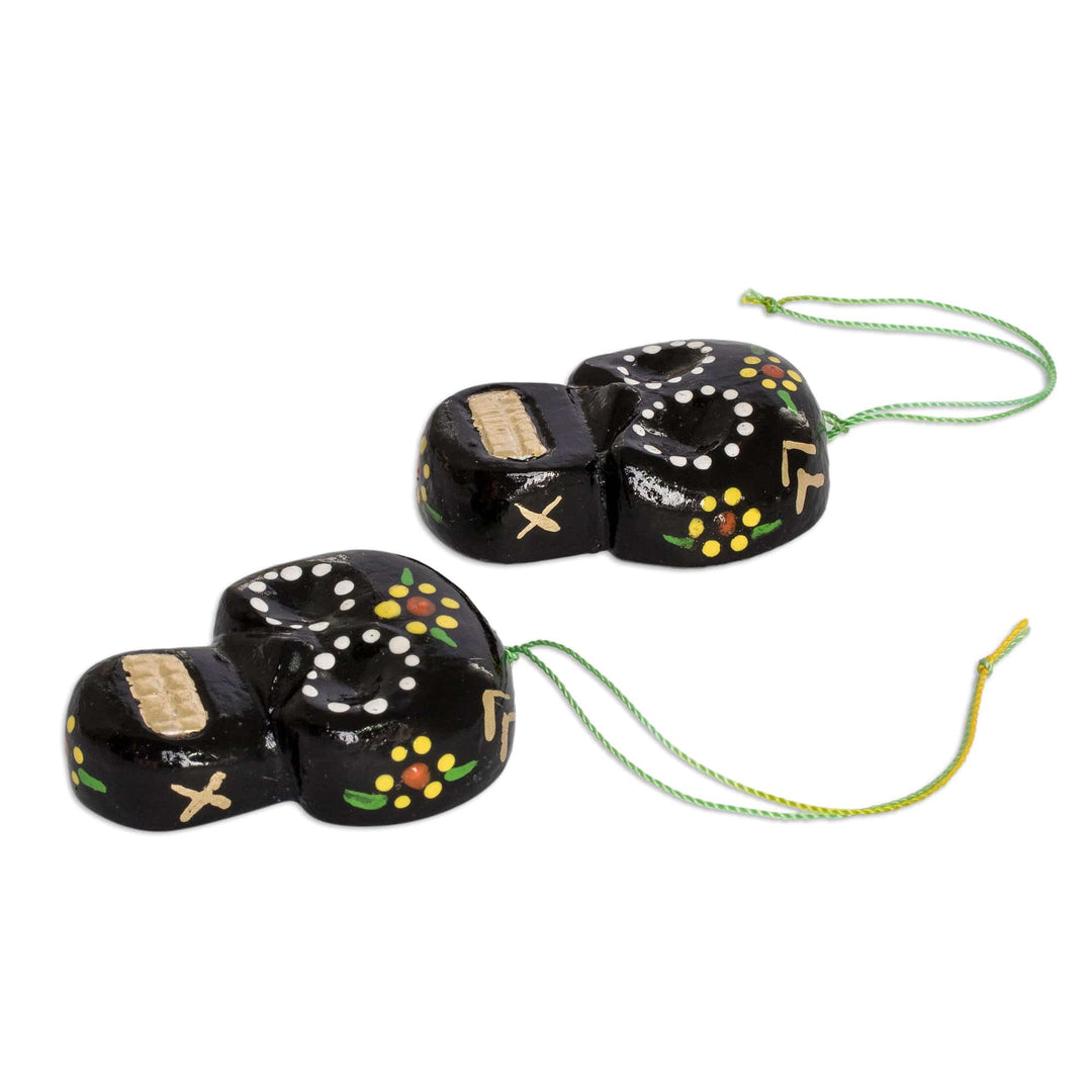 Two Reclaimed Wood Painted Day of the Dead Skull Ornaments - Holiday Black Skulls