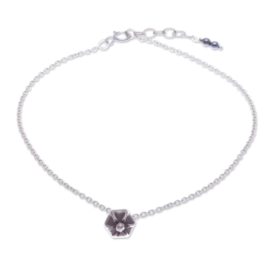 Floral Natural Hematite and Karen Silver Charm Anklet - Petals in Balance