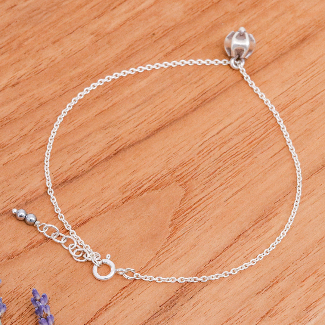 Floral Natural Hematite and Karen Silver Charm Anklet - Petals in Balance
