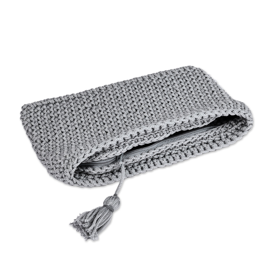 Grey Crocheted Cosmetic Bag with Tassel Handmade in Armenia - Beauty Essentials