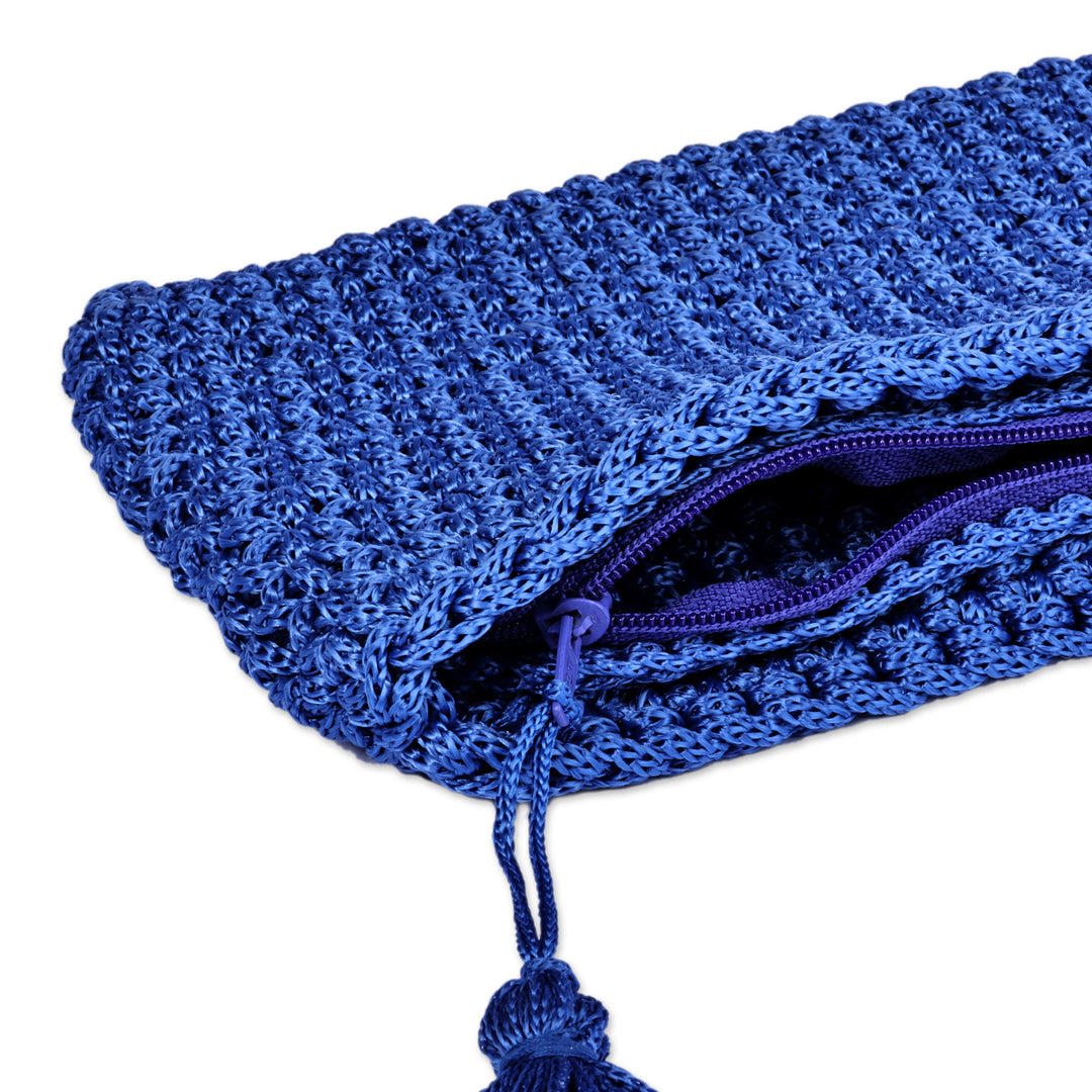 Crocheted Cosmetic Bag in Blue with Tassel from Armenia - Glam Essentials