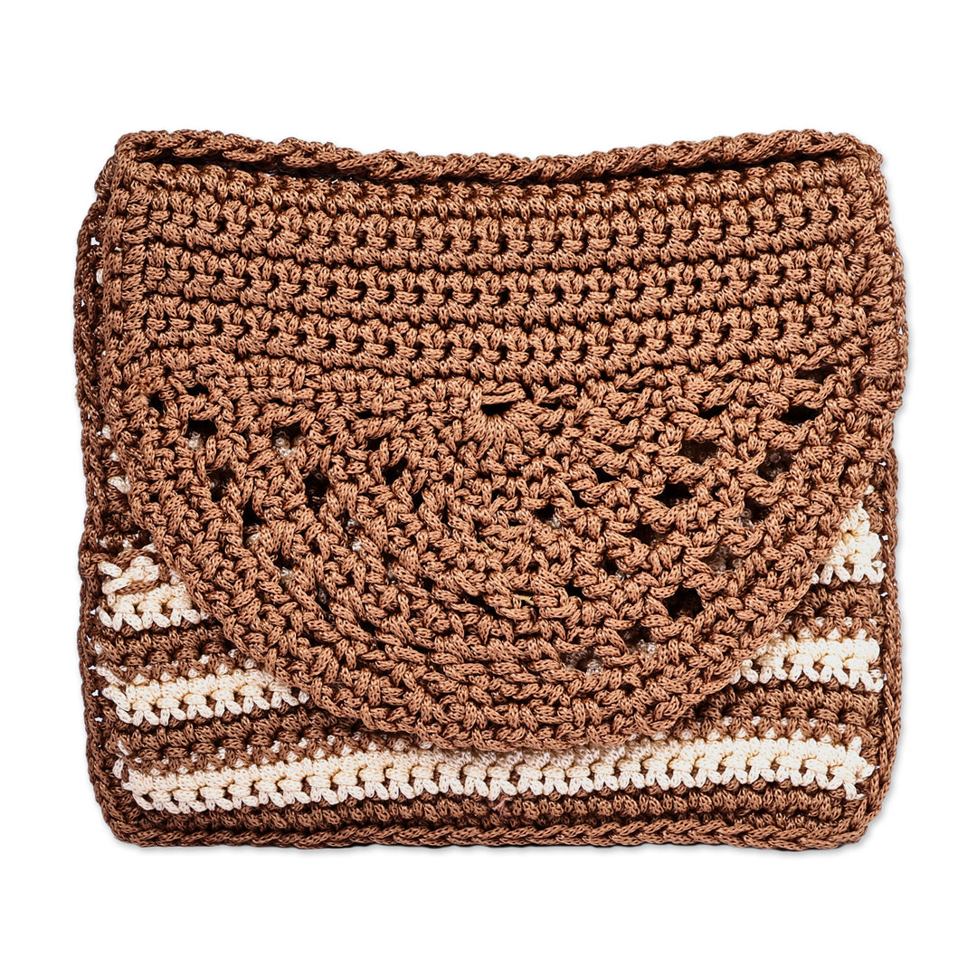 Crocheted Striped Clutch and Handle Bag in Brown and Ivory - Trendy Elegance