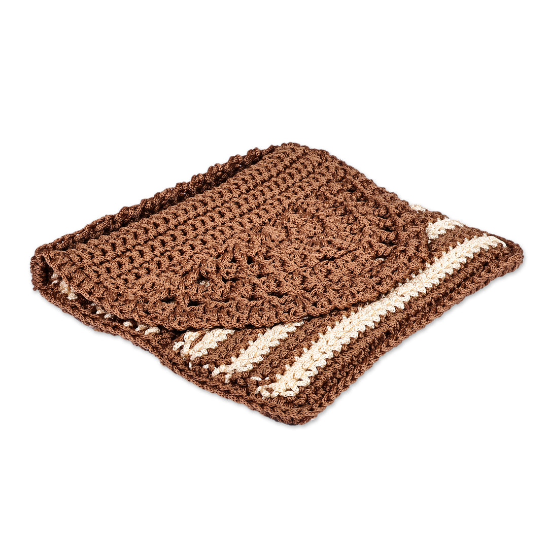 Crocheted Striped Clutch and Handle Bag in Brown and Ivory - Trendy Elegance