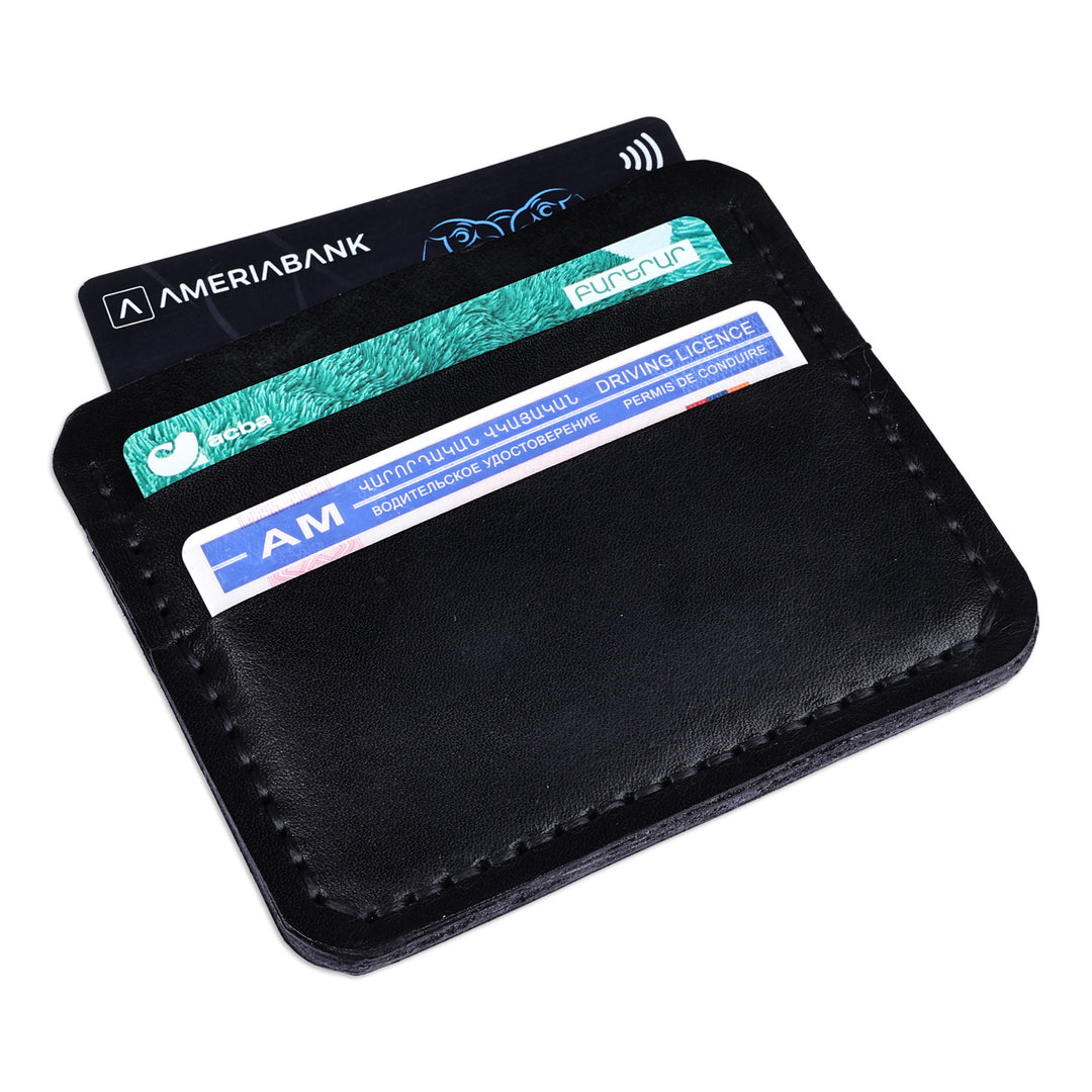 Handmade 100% Leather Card Holder in an Obsidian Black Hue - Frugal Obsidian