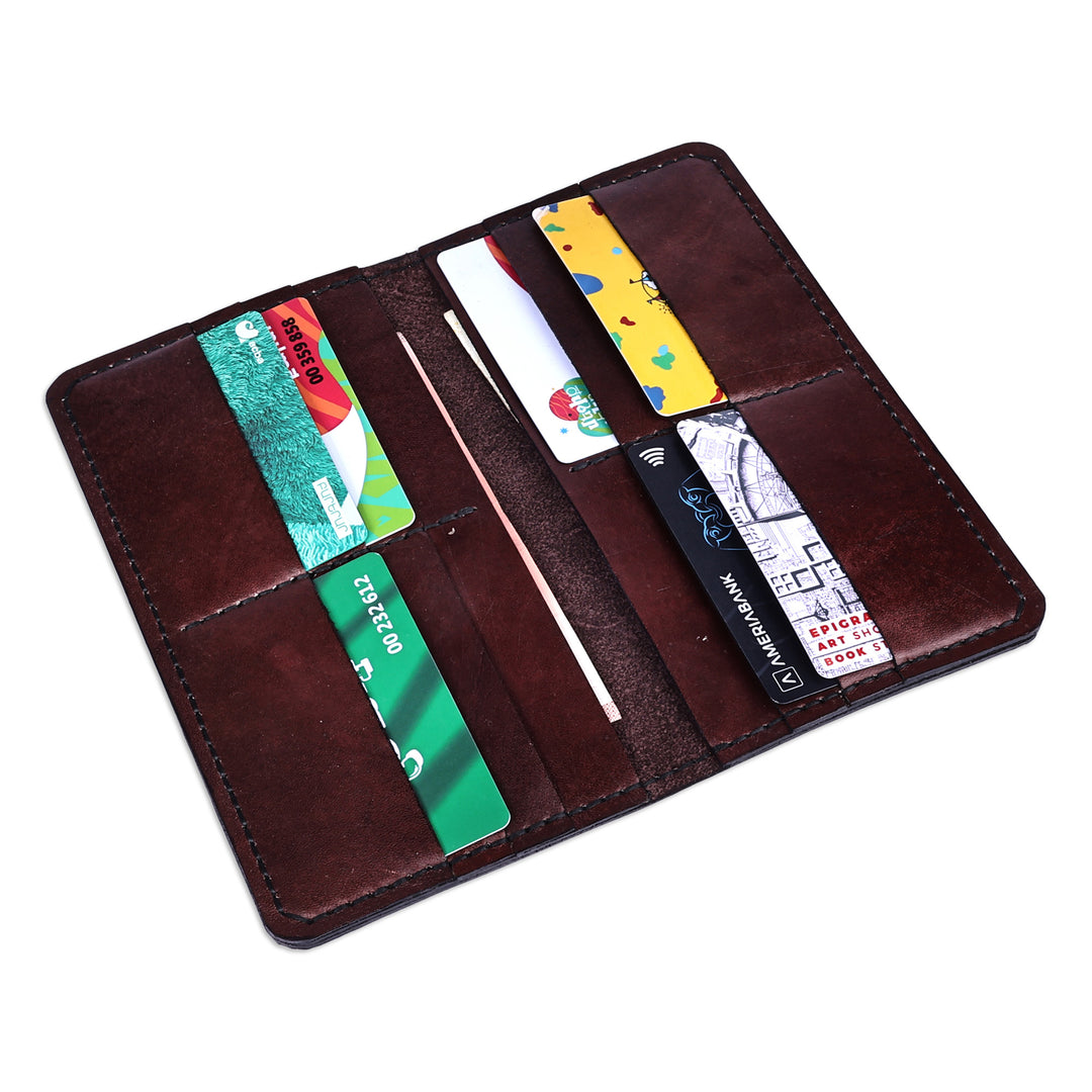 Brown Leather Card Holder with 12 Slots and Bill Compartment - Exquisite Organization