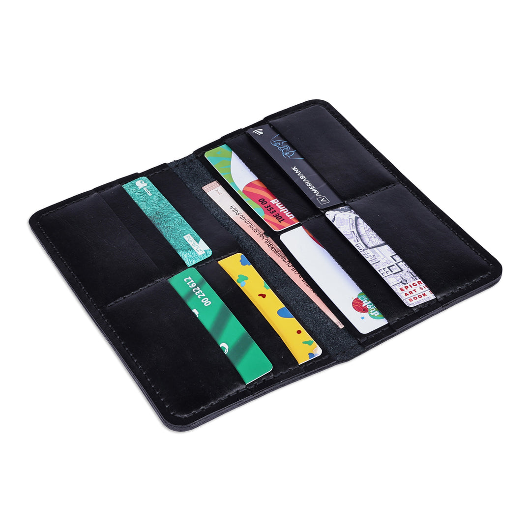 Blue Leather Card Holder with 12 Slots and Bill Compartments - Refined Organization