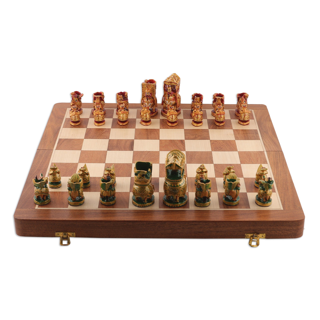 Hand-Painted Red and Green Wood Chess Set from India - Challenge of Rajasthan