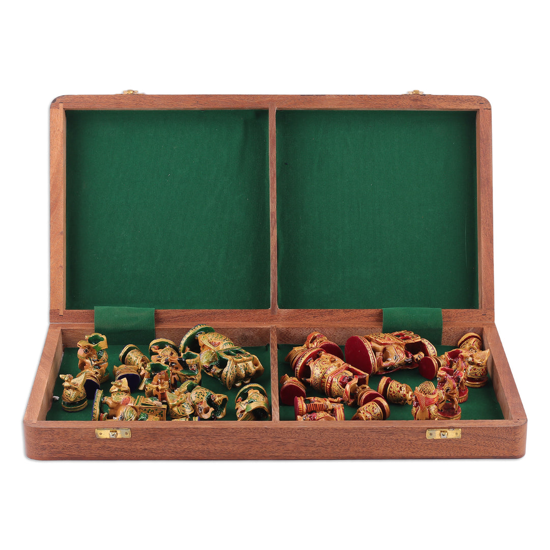 Hand-Painted Red and Green Wood Chess Set from India - Challenge of Rajasthan