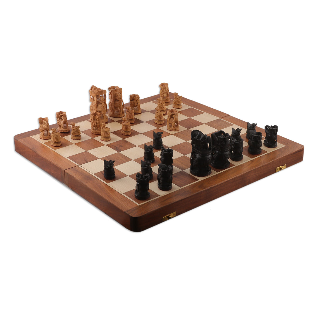 Hand-Painted Brown and Black Wood Chess Set from India - Challenge of Kings
