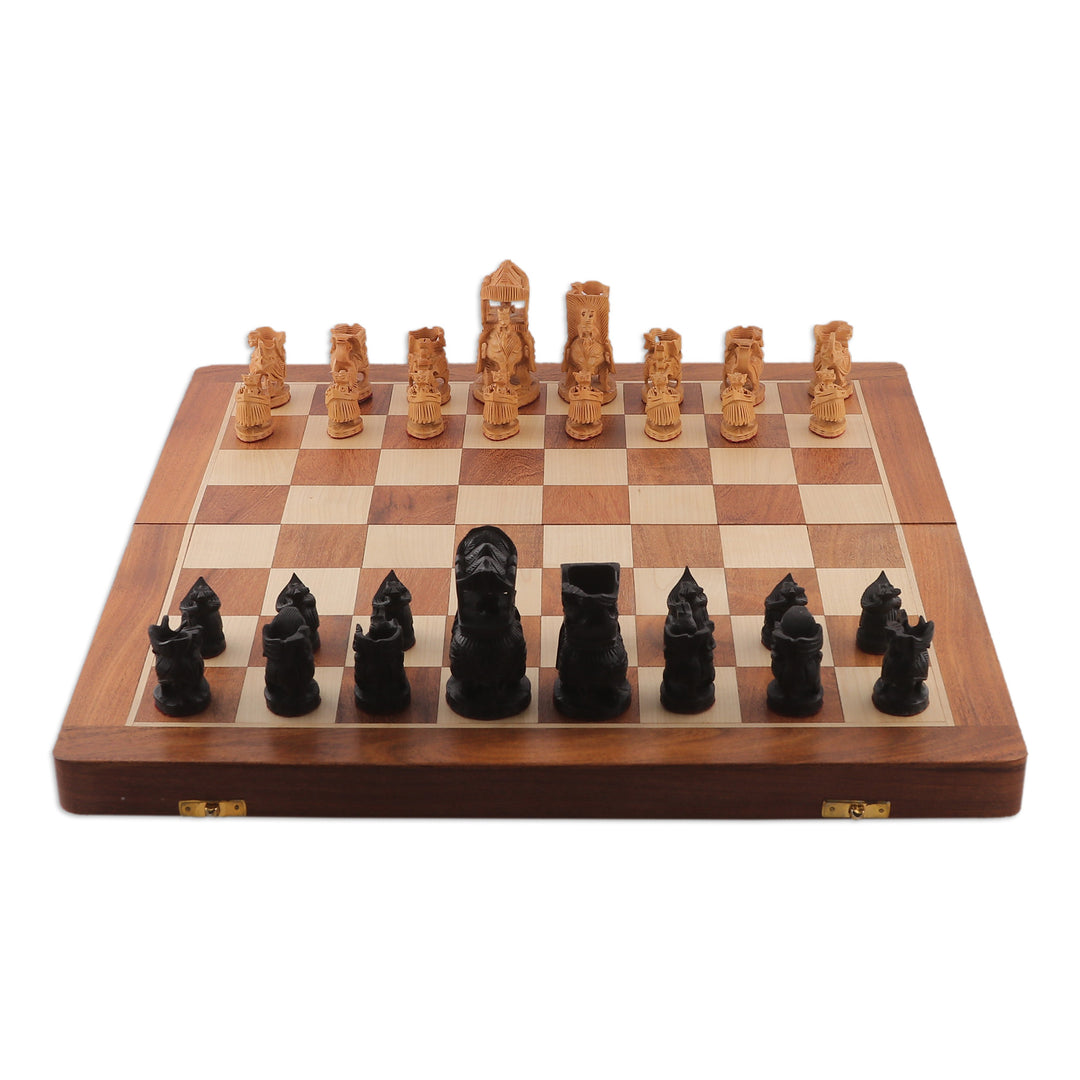 Hand-Painted Brown and Black Wood Chess Set from India - Challenge of Kings