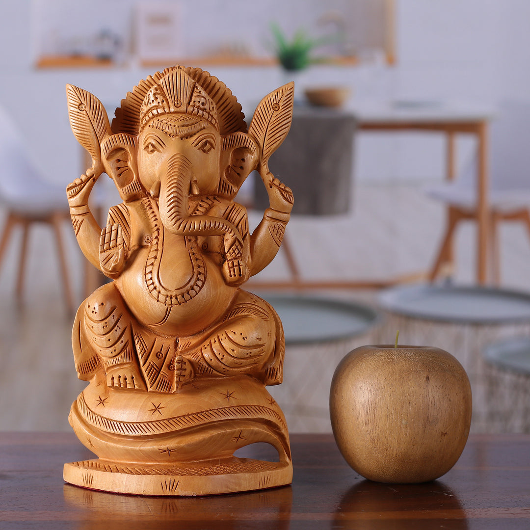 Hand-Carved Traditional Kadam Wood Ganesha Sculpture - Auspicious Beginnings