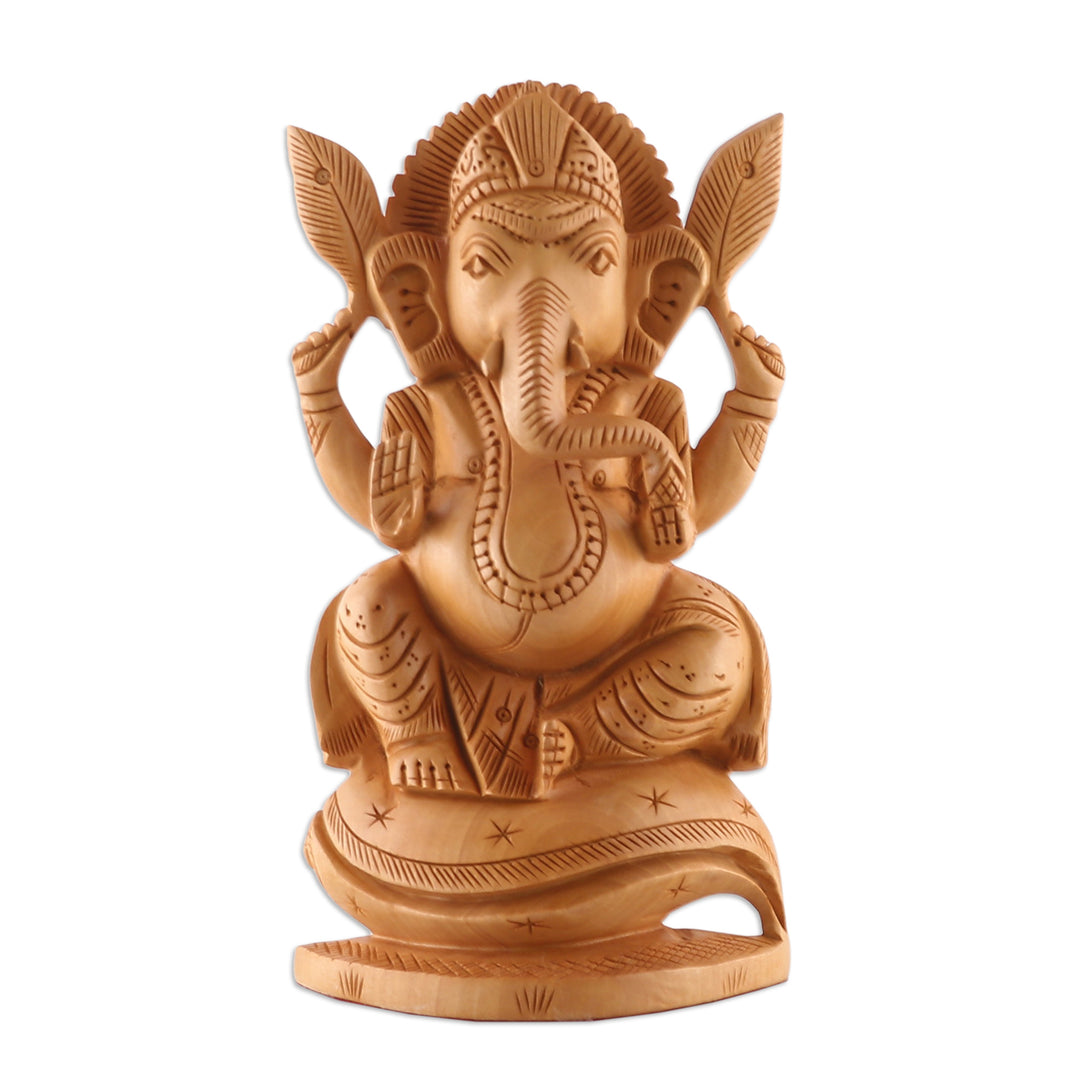 Hand-Carved Traditional Kadam Wood Ganesha Sculpture - Auspicious Beginnings