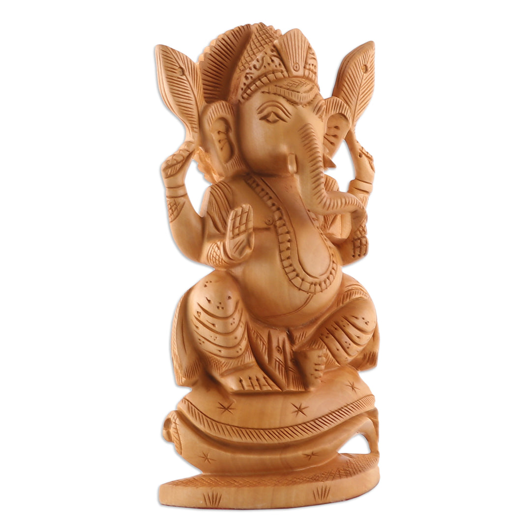 Hand-Carved Traditional Kadam Wood Ganesha Sculpture - Auspicious Beginnings