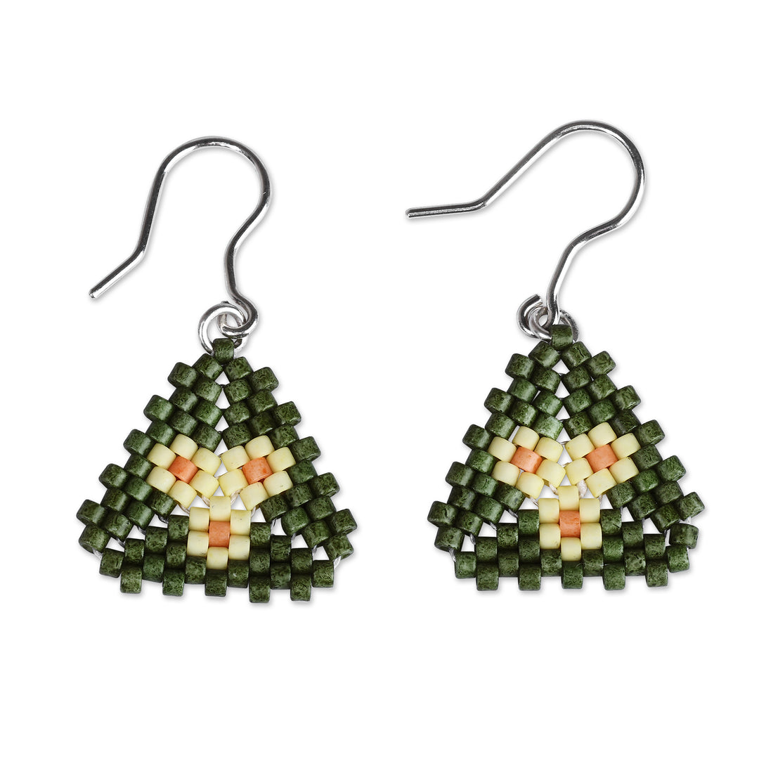 Floral-Themed Green and Yellow Glass Beaded Dangle Earrings - Primaveral Bloom