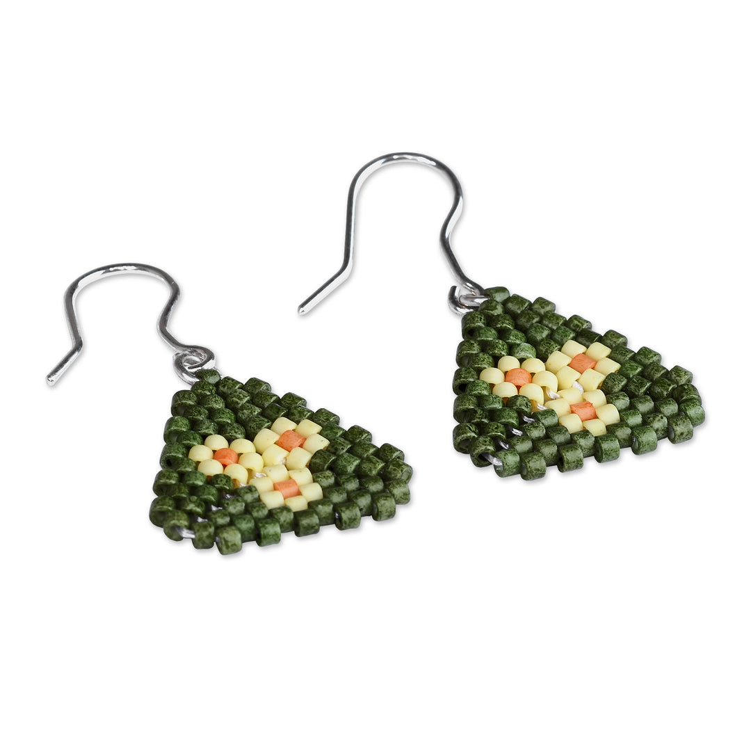 Floral-Themed Green and Yellow Glass Beaded Dangle Earrings - Primaveral Bloom