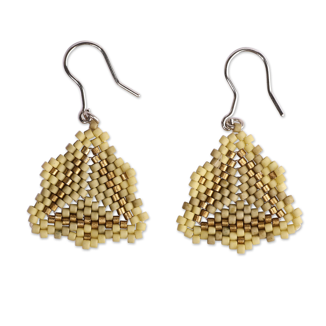 Pyramid-Themed Golden and Beige Glass Beaded Dangle Earrings - Palatial Pyramids