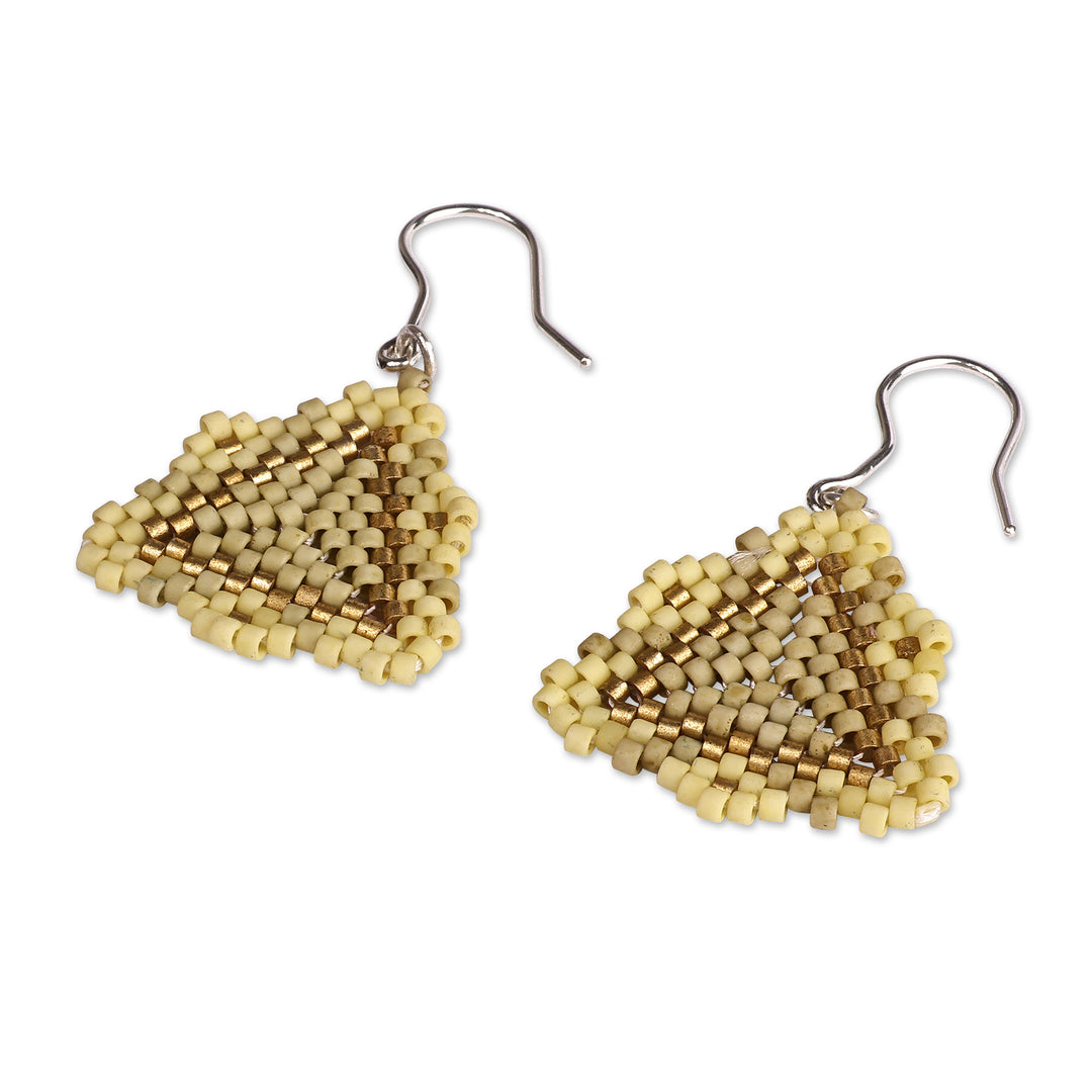 Pyramid-Themed Golden and Beige Glass Beaded Dangle Earrings - Palatial Pyramids