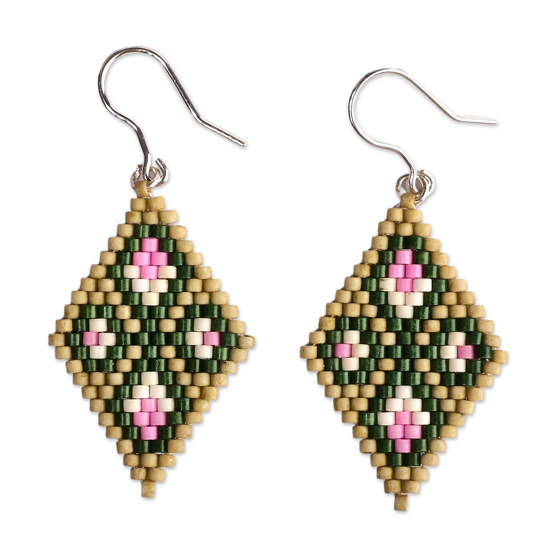 Classic Floral Diamond-Shaped Glass Beaded Dangle Earrings - Regal Spring