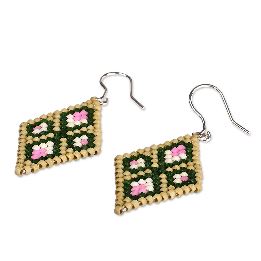 Classic Floral Diamond-Shaped Glass Beaded Dangle Earrings - Regal Spring