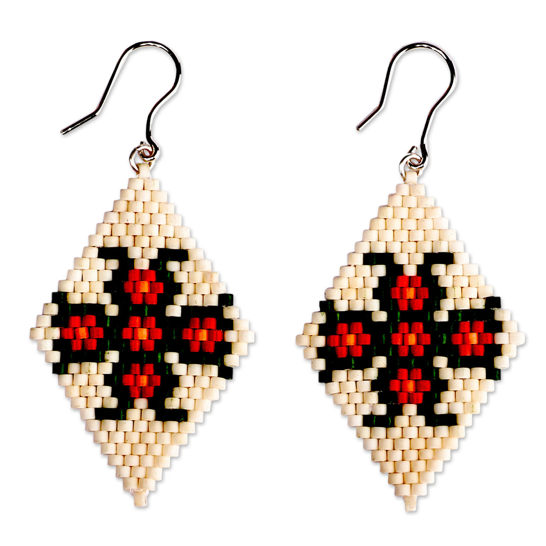 Floral Glass Beaded Dangle Earrings in Ivory and Red Hues - Queen Petals