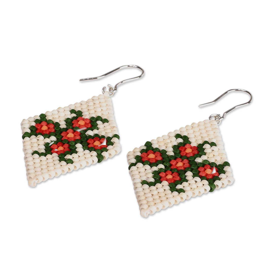 Floral Glass Beaded Dangle Earrings in Ivory and Red Hues - Queen Petals