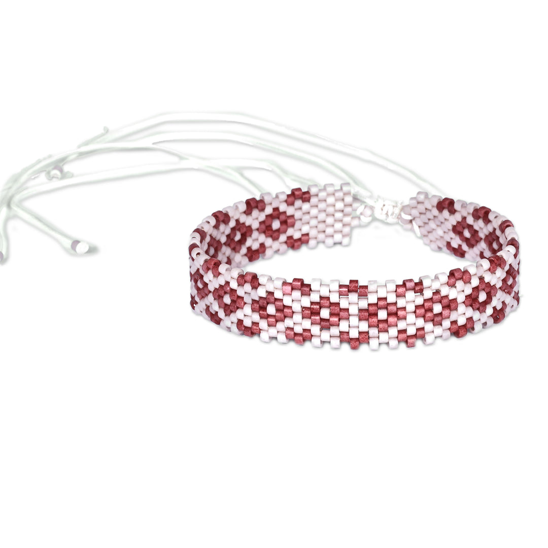 Artisan Handmade Floral Red Glass Beaded Wristband Bracelet - Romantic Bouquet