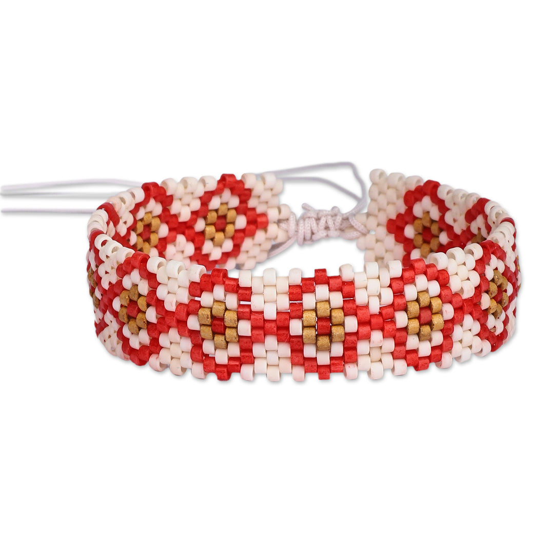 Folk Art Spring-Themed Red Glass Beaded Wristband Bracelet - Spring Desire