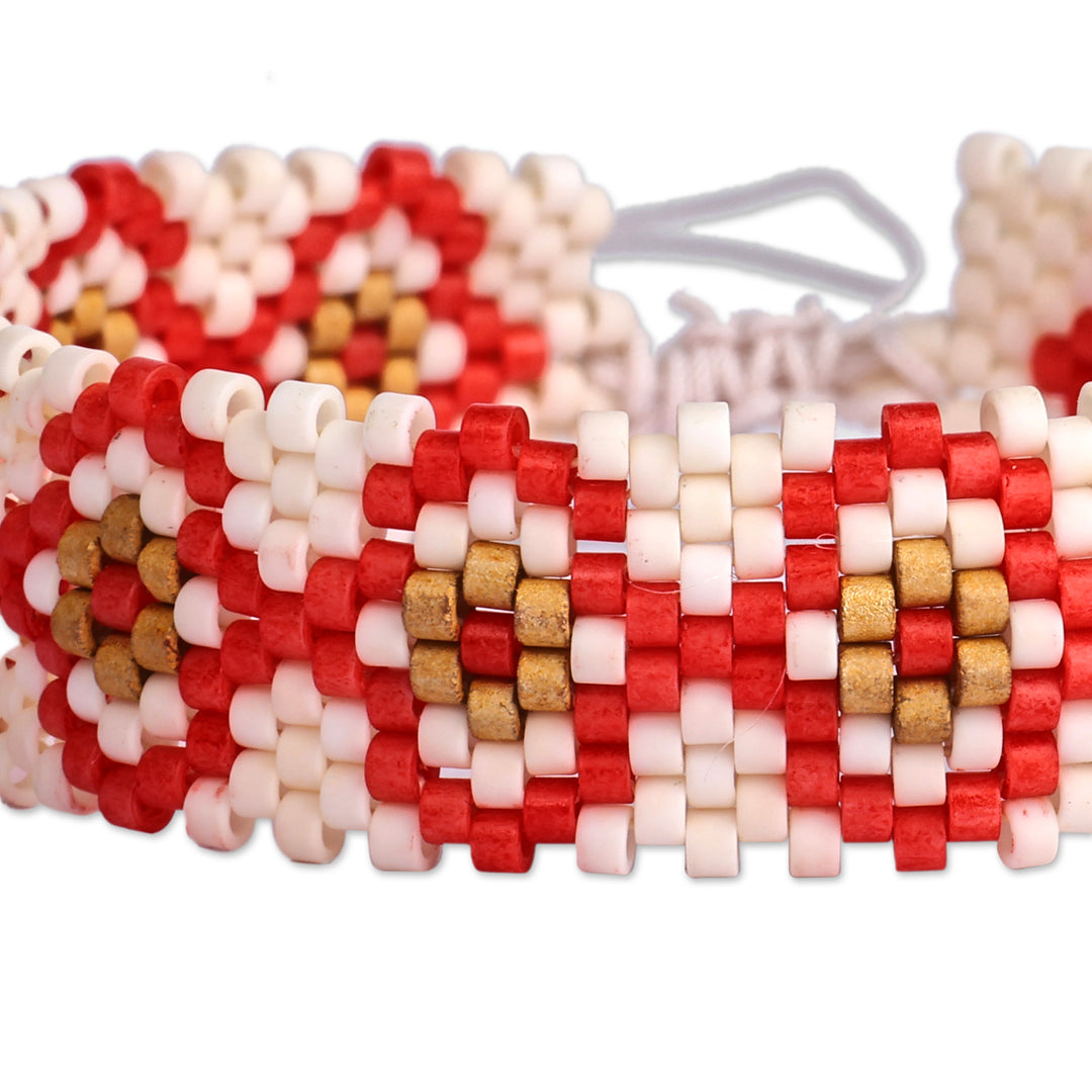 Folk Art Spring-Themed Red Glass Beaded Wristband Bracelet - Spring Desire