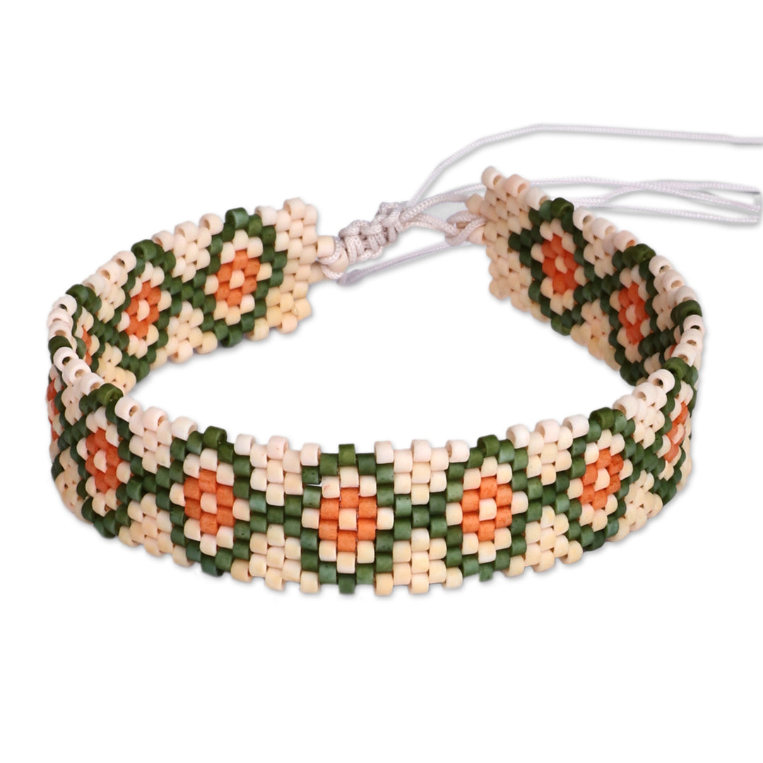 Traditional Floral Green Glass Beaded Wristband Bracelet - Spring Luck